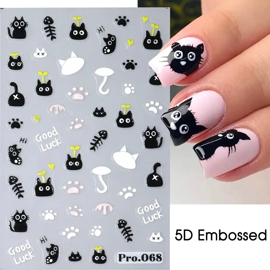 2pcs Black Cat Nail Stickers 3D Cute Cartoon Animal 3D Self-Adhesive Nail Art Decals Sliders Decorations Manicure Accessories 3