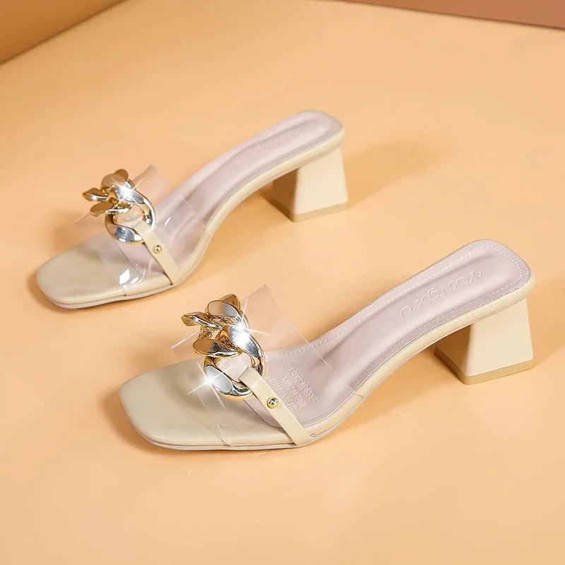 

Мюли женские на квадратном каблуке, модные шлепанцы с цепочкой, без застежки, сандалии, летняя обувь, однотонные Тапочки