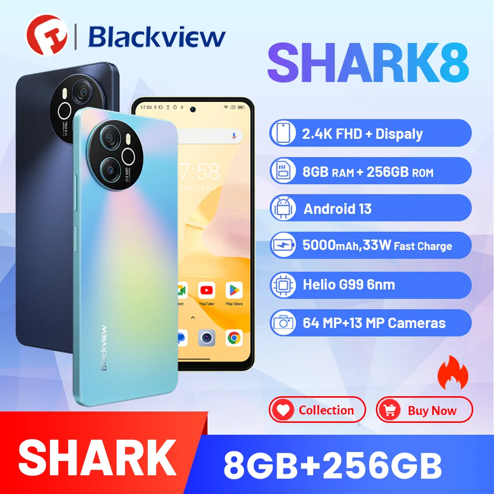 Blackview SHARK 8 Smartphone 16GB+128GB / 256GB 6.78'' 2.4K Display 5000mAh  Android 13 Helio G99 Octa Core 4G NFC Mobile Phone - AliExpress
