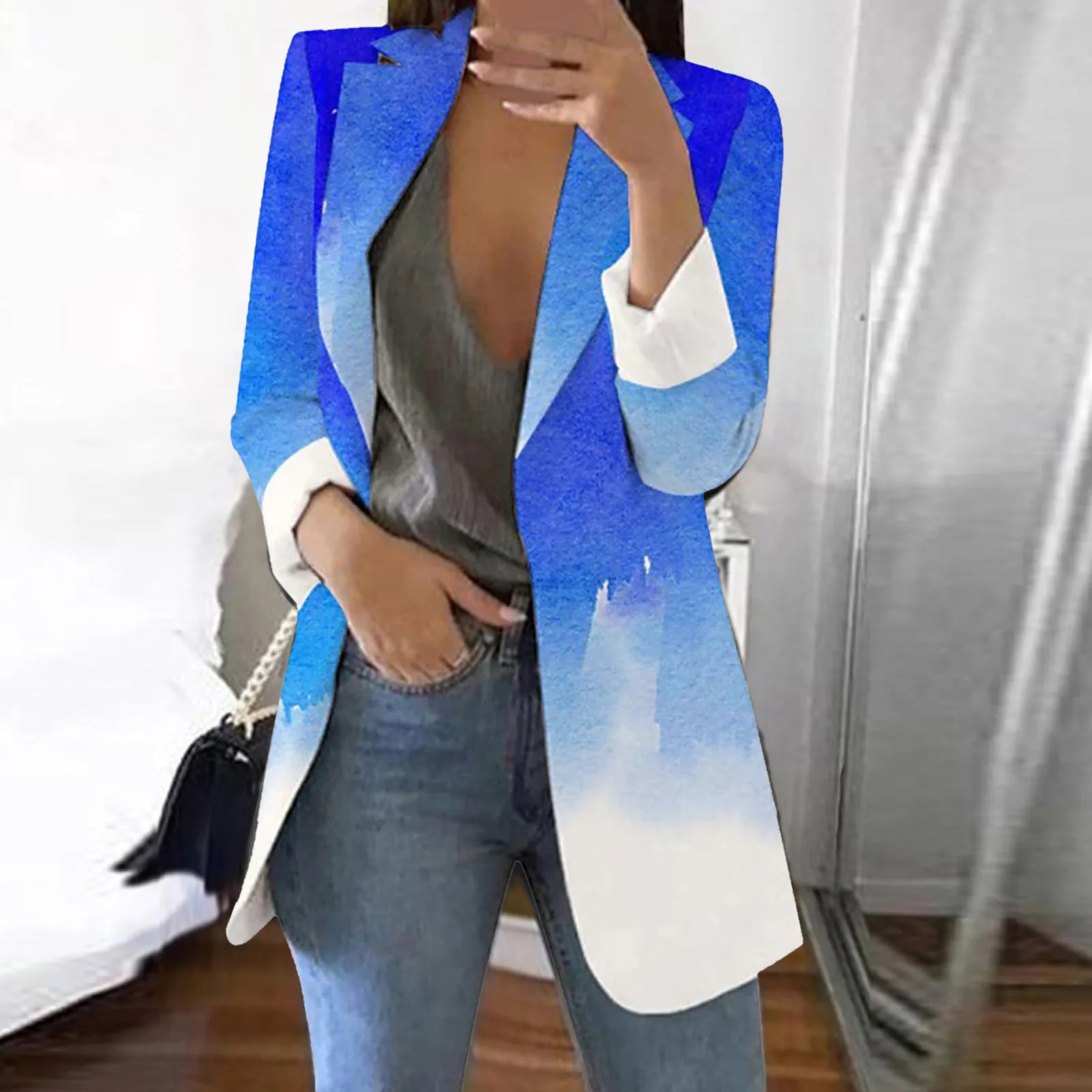 Womens Casual Blazer 3/4 Sleeve Open Front Ruffle Work Office Cardigan Suit Jacket White L