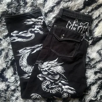 Oversize / wide-leg / washed-black / letter-printed / Harajuku / hip-hop / streetwear jeans for men (or unisex), 1