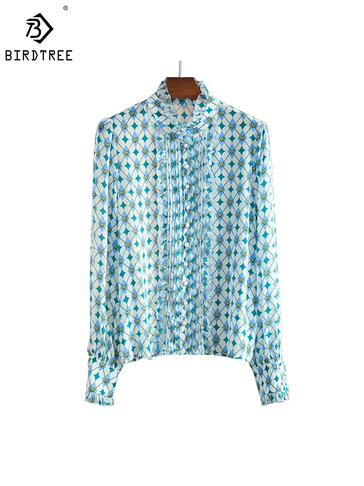

Birdtree 100% Silk Women's Blue Broken Flower Shirt Spring/Summer Elegant Fashion Shirt Printed Loose Vintage Blouse T38216QD