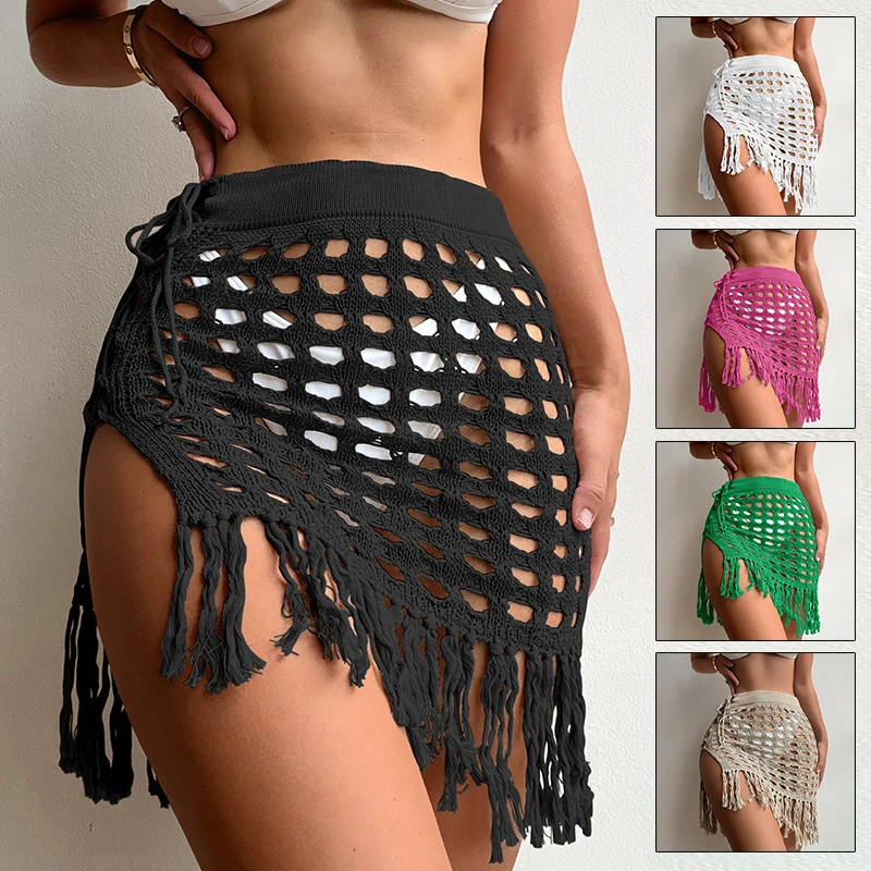 Women’s Sexy Sheer Hollow Out Beach Knit Mini Skirt High Waist Split Tassels Beachwear Summer Crochet Cover Up Candy Color Skirt