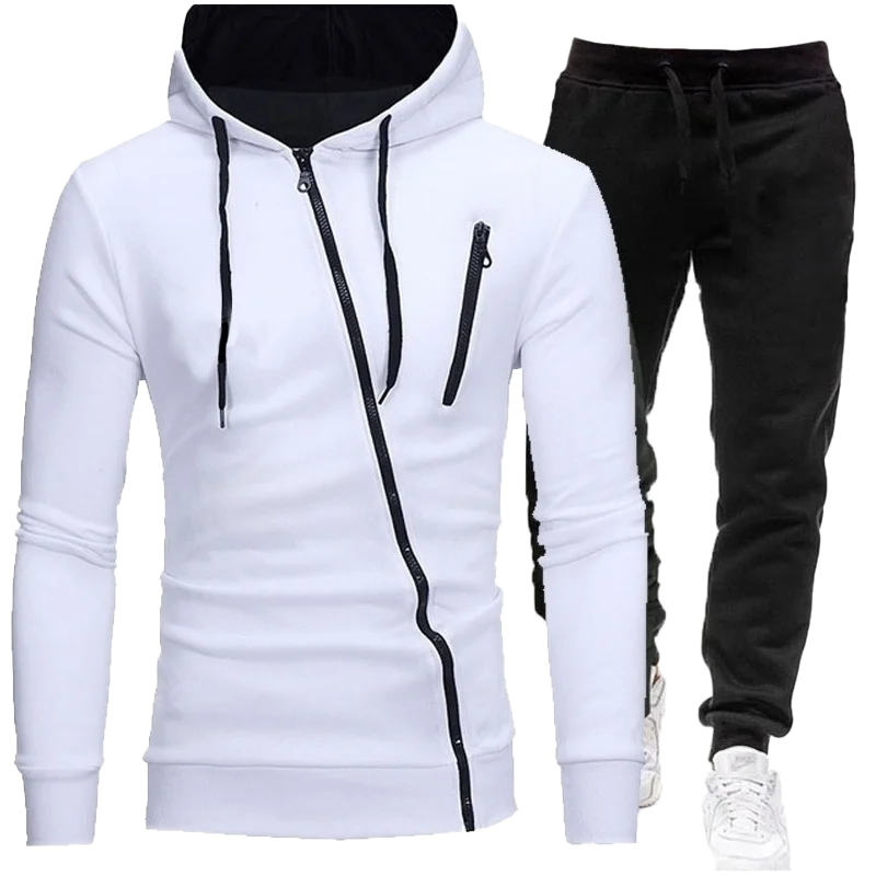 Men's Personalized Diagonal Zipper Hoodie Set Sportswear Set Casual Men's Jacket + Jogging Pants 2-piece Sportswear