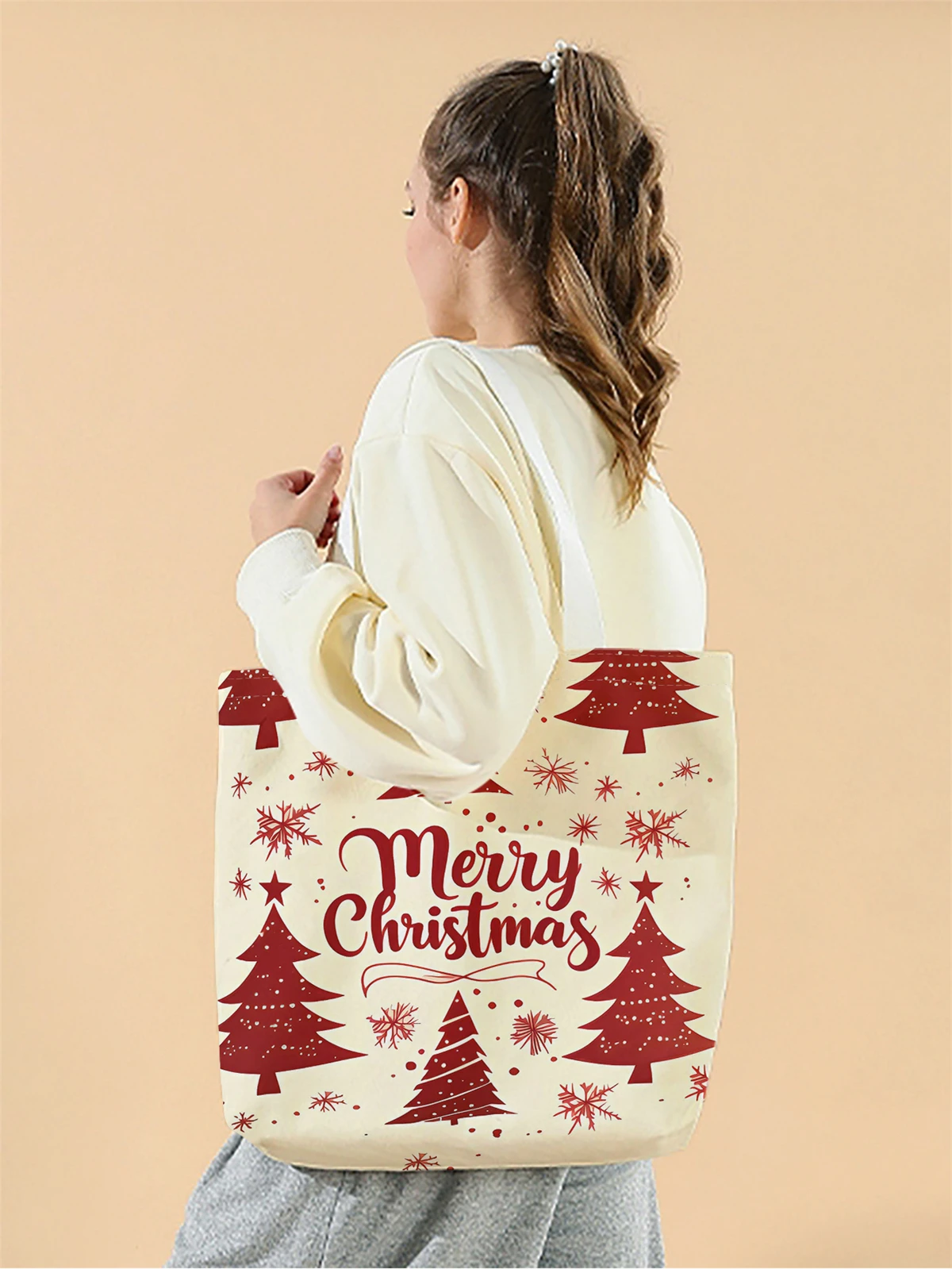 1pc,Christmas graffiti handbag, reusable fashionable handbag, multifunctional handbag, printed canvas shopping bag