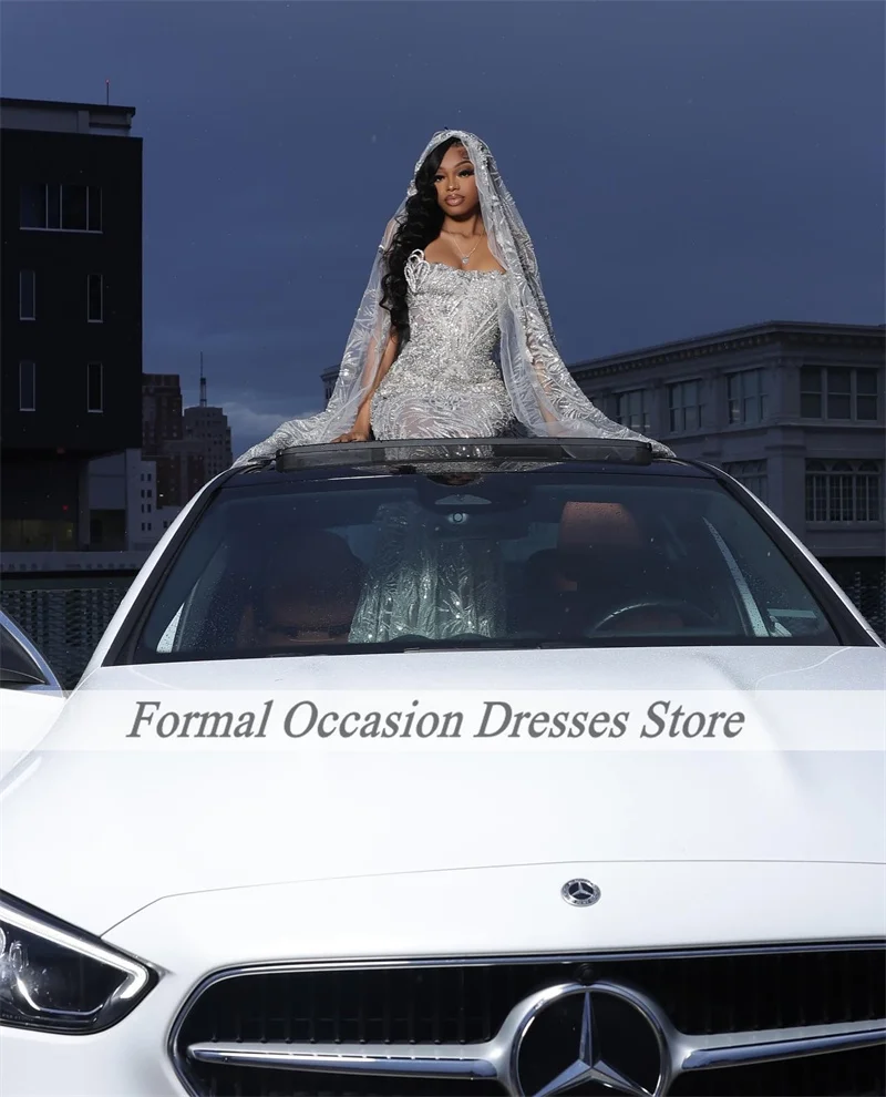 Luxury Prom Dress with Wrap Sequin Beading Black Girls Mermaid Party Gown Strapless Bespoke Evening Dress Customized