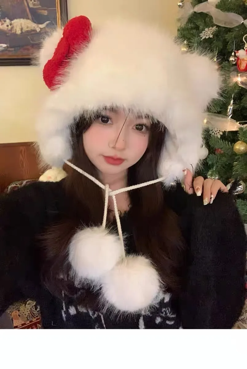 Korean Autumn Winter Cute White Cat Red Bow Plush Hat Girls Fashion Warm Hats Anti-freeze Ear Caps Outdoor for Women Gifts