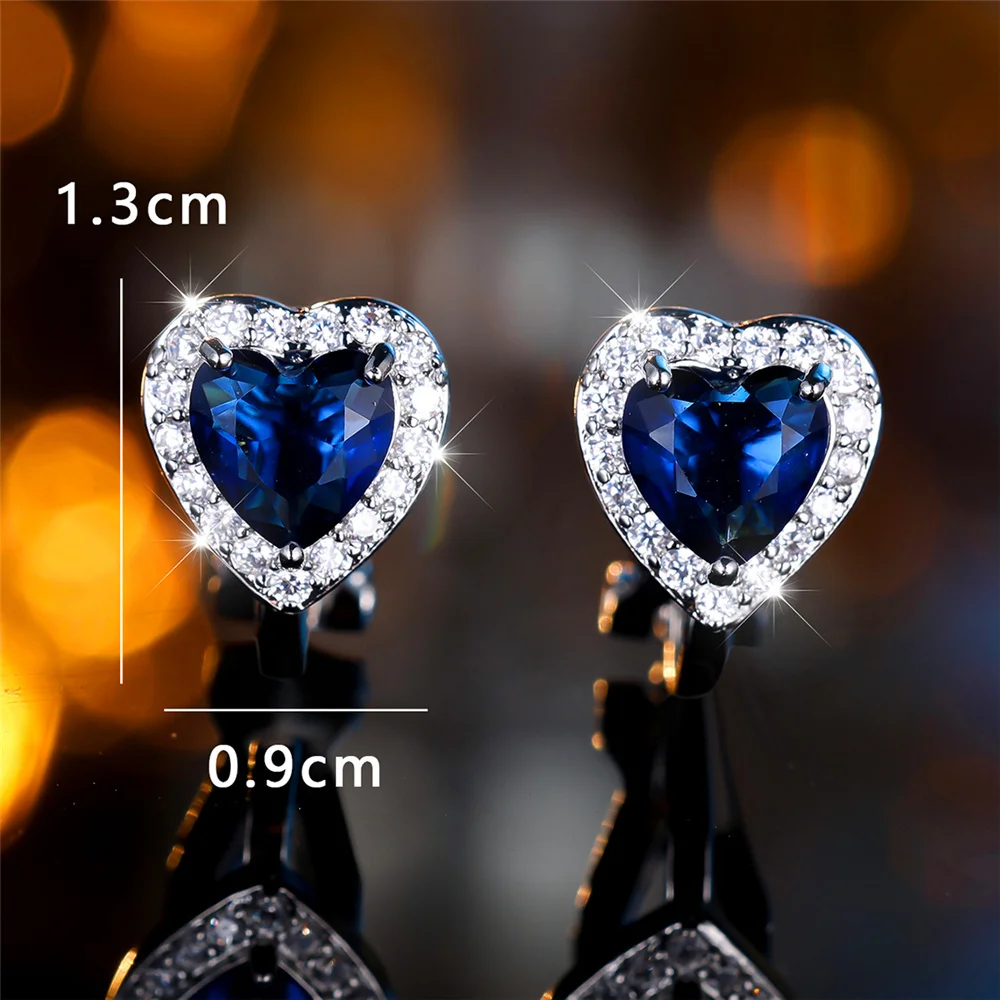 Cute Female Zircon Stone Heart Clip Earrings Vintage Silver For Women
