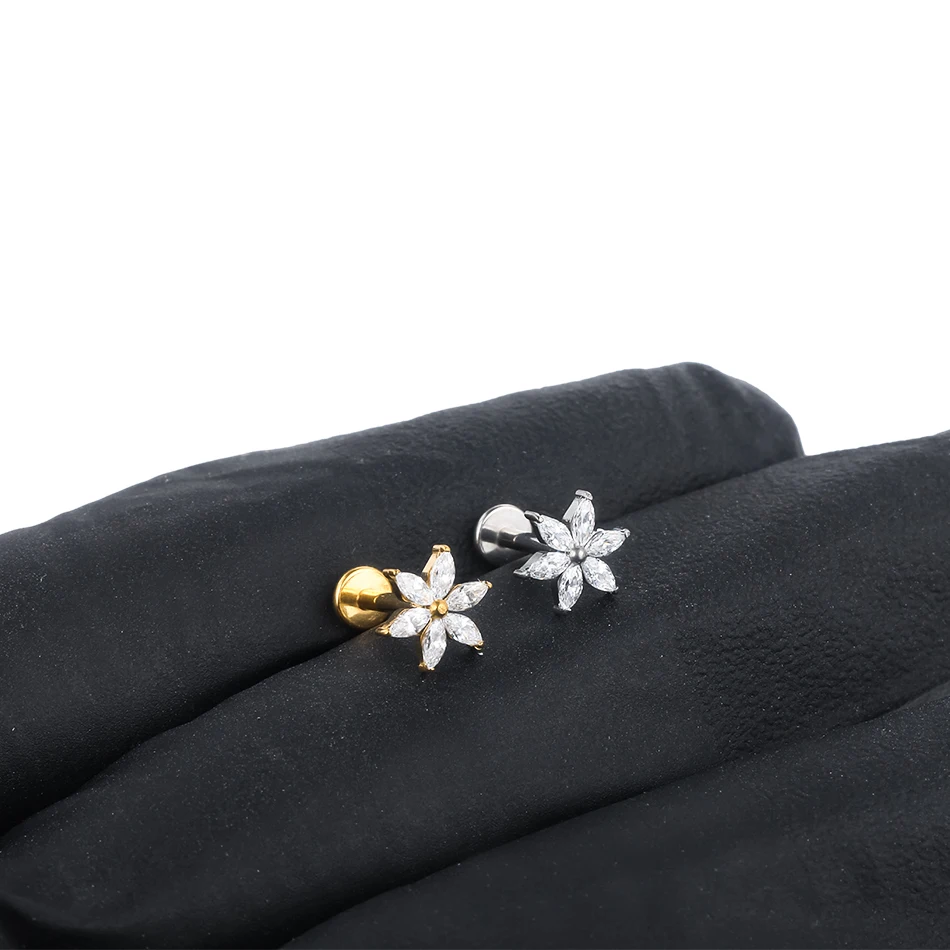 G23 티타늄 스터드 귀걸이, 6 Marquise CZ 꽃잎 꽃, 내부 스레드 라브렛 립 헬릭스 피어싱 바디 쥬얼리, 1 개, 5 개