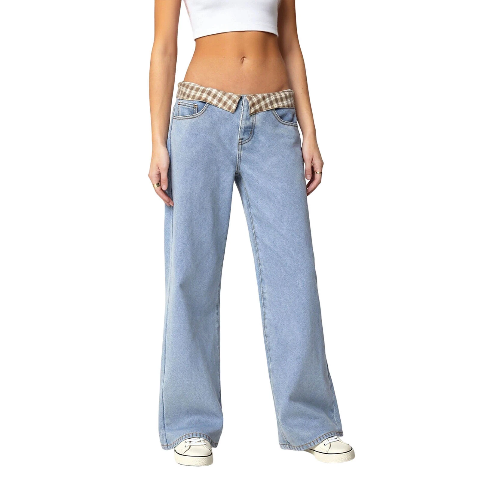 Women s Stylish Low Rise Denim Jeans with Plaid Folded Waistband and Comfortable Baggy Fit - Perfect for Streetwear Fashion