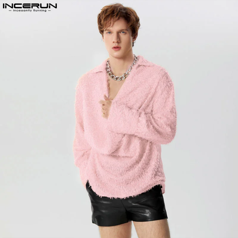 

Топы INCERUN 2024, модная мужская рубашка в американском стиле с воротником-качели, индивидуальная однотонная блузка с длинным рукавом в стиле пэчворк