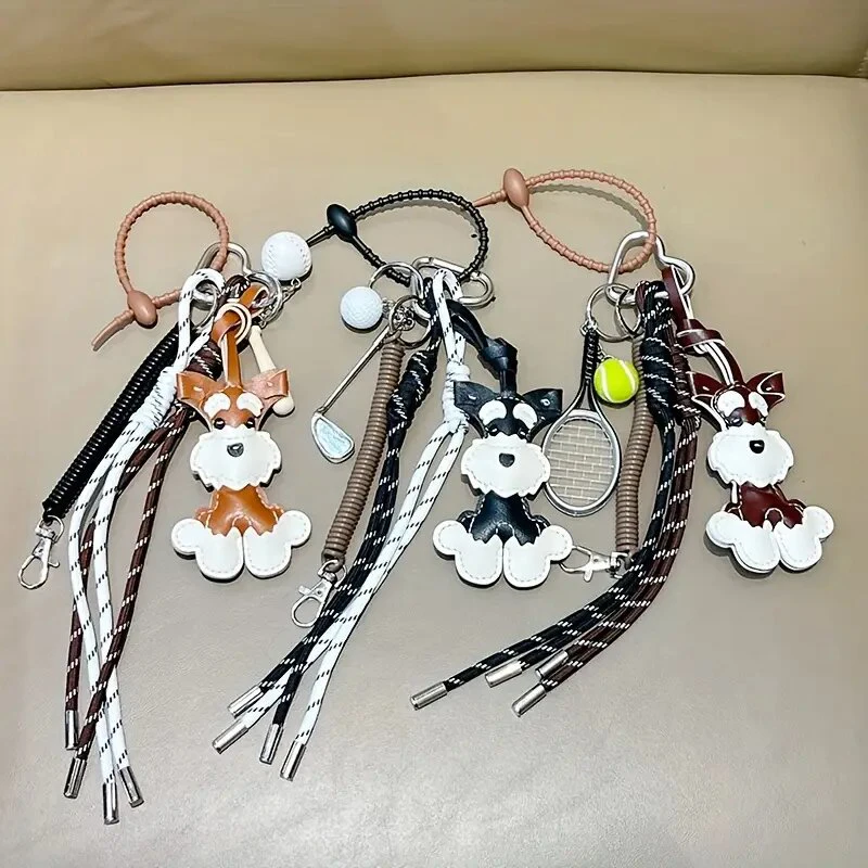 Cartoon PU Animal Key Chain Cute Schnauzer Keyring For Women PU Leather Dog Puppy Pendant Keychain Backpack Pendant Ornaments