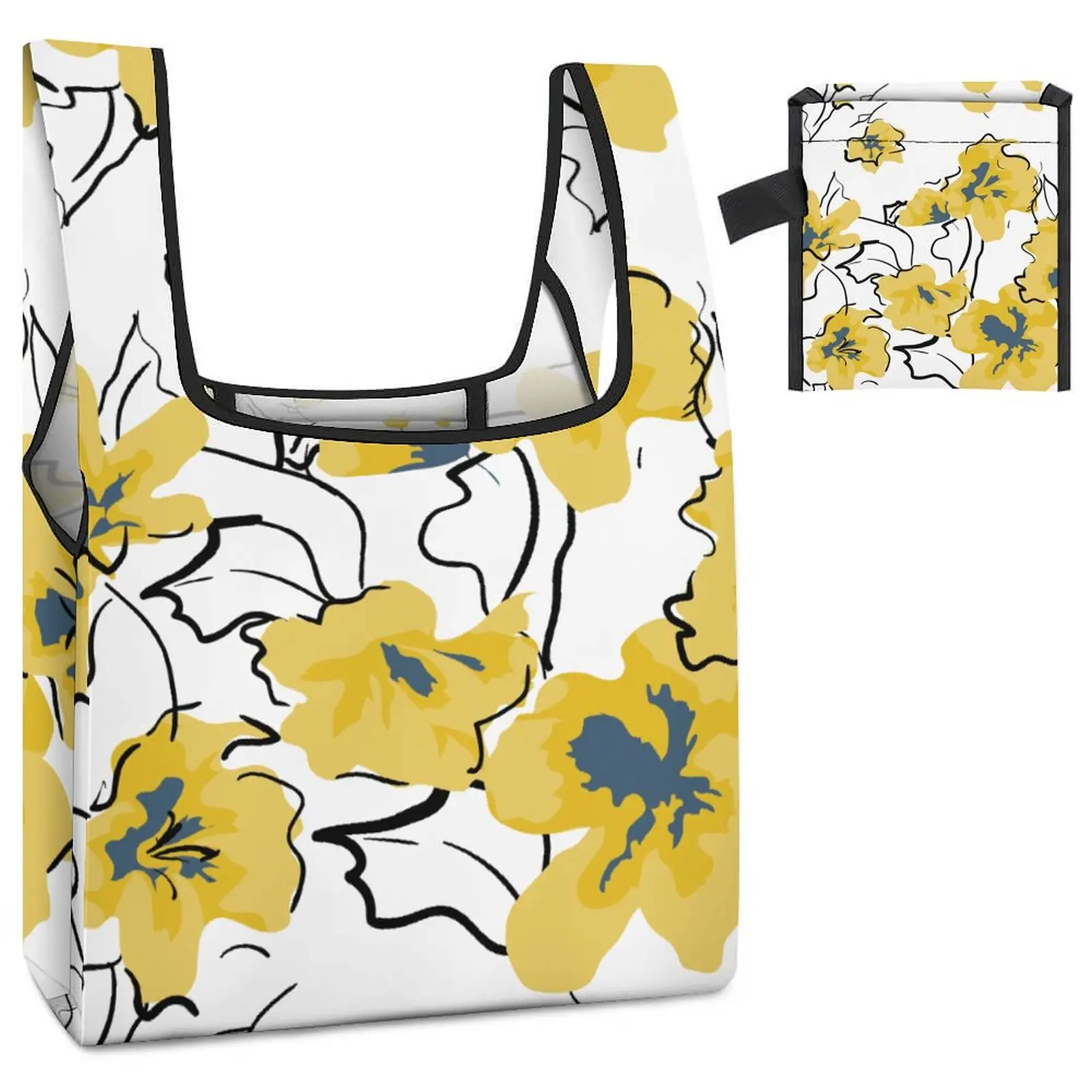 Custom Pattern Foldable Bags Small Shoppers Large Shopping Bag Yellow Flower Bag Travel Portable Reusable Foldable Tote Bag