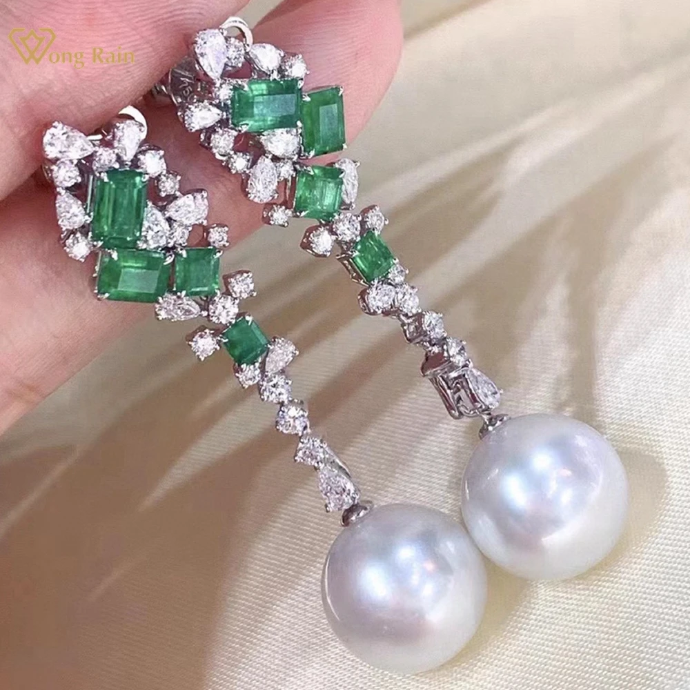 Wong Rain Vintage 925 Sterling Silver Natural Pearl Emerald High Carbon Diamond Gemstone Drop Earrings Customized Fine Jewelry wong rain luxury 925 sterling silver natural pearl high carbon diamond gemstone sparkling ear studs earrings customized jewelry