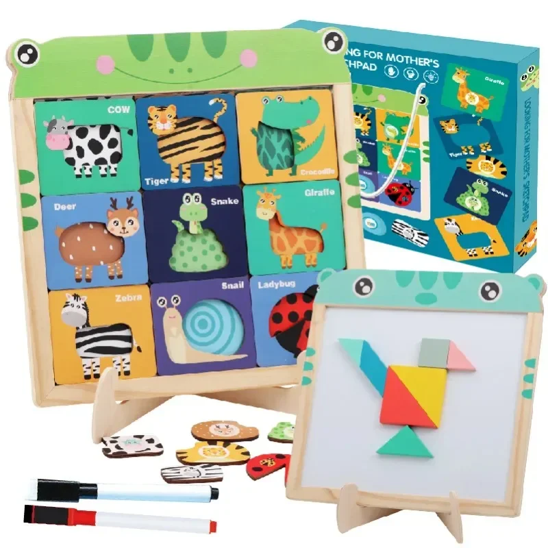 New Wooden Magnetic Puzzle Animals Double Sided Cartoon Jigsaw Puzzle Drawing Board Educational Toys for Children Gifts For Kids