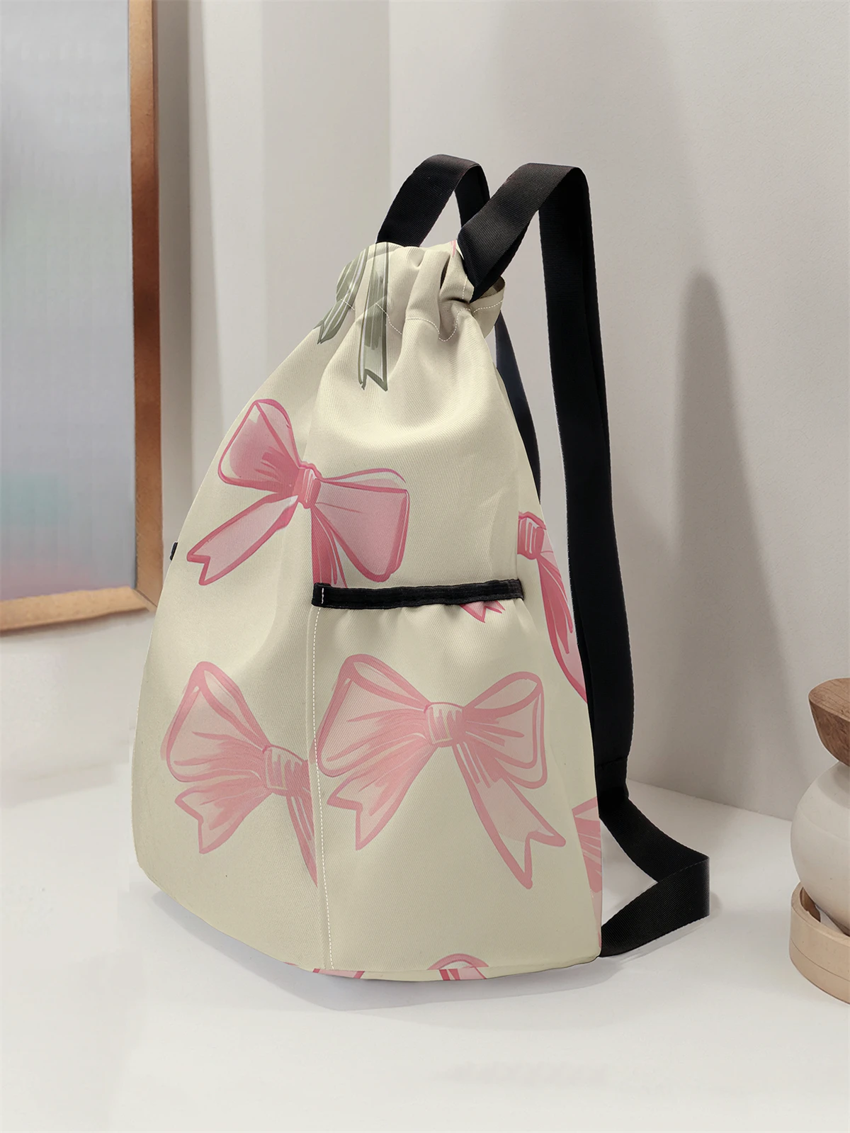 Bow Pattern Printed Drawstring Backpack - Large Capacity Durable Fitness Bag, Sports Beach Backpack