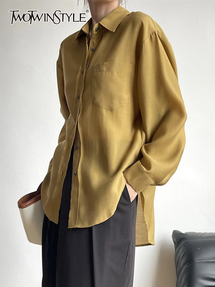 

TWOTWINSTYLE Solid Minimalist Shirt For Women Lapel Long Sleeve Patchwork Single Breasted Casual Vintage Blouse Female Clothing