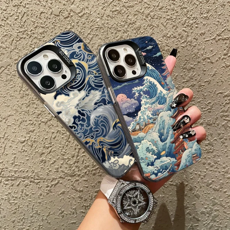 Japanese Ukiyo-e Ocean Waves Shockproof Phone Case with Plating Hard Cover