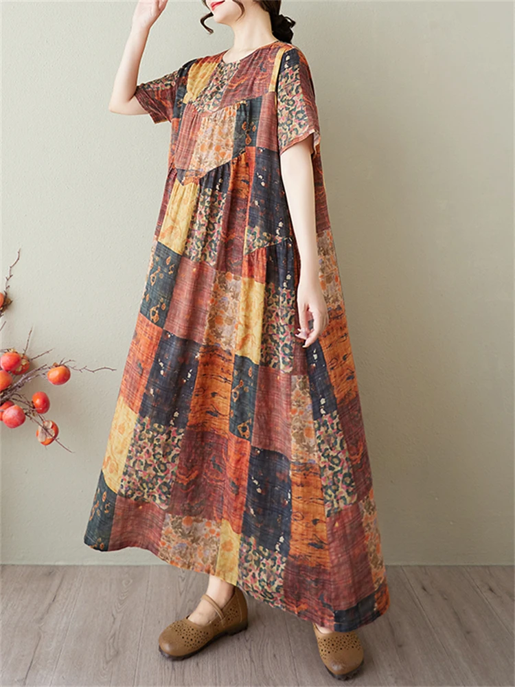 Summer Cotton Vintage Casual Loose Print Dresses For Women Short Sleeve Dress Femme Vestidos Elegant Office Lady Work Clothing