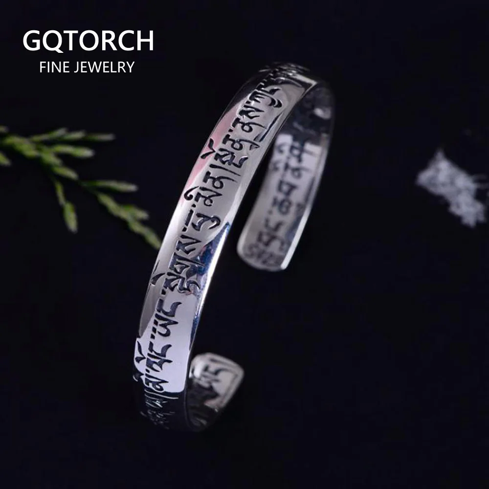 

925 Sterling Silver Bangles For Men And Women Simple Smooth Sanskrit Six Words Engraved Buddhist Prayer Jewelry Cuff Bracelets
