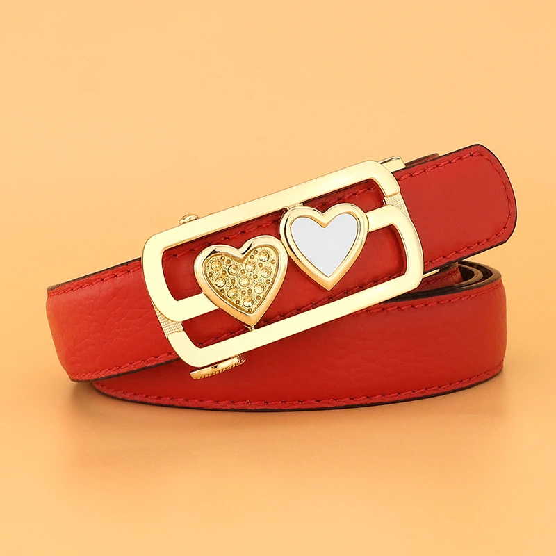 

Women Red Designer Automatic Buckle Heart Belts High Quality Genuine Leather Brand 2.4CM Fine Waist Belt Jeans Lady Waistband