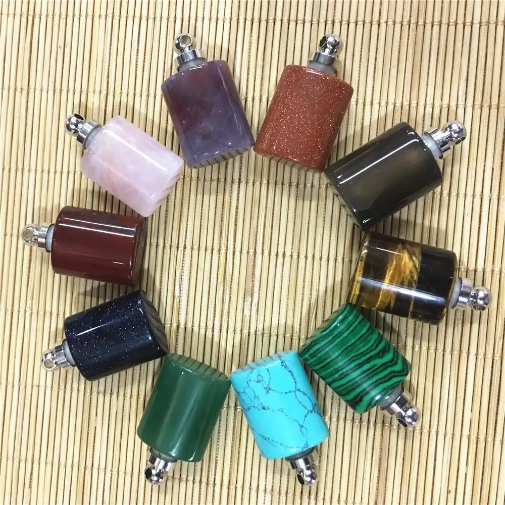New 3pc Natural Stone Oil Diffuser Perfume Bottle Crystal Pendants Turquoises Indian Agates Gold Sands Oil Diffuser Pendant