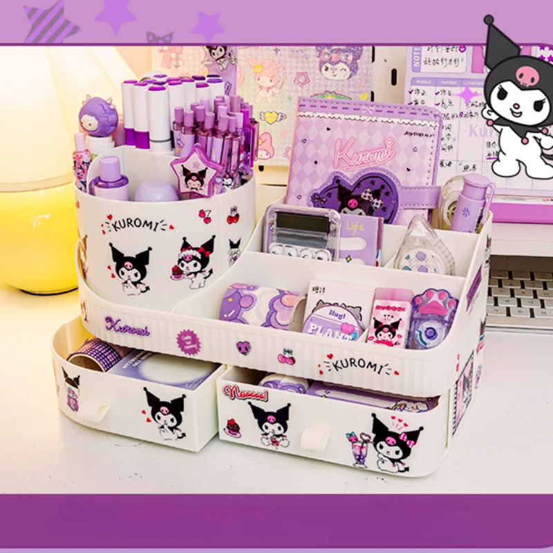 Pen Holder Kawaii Sanrio Kuromi Rotating Drawer Pen Holder Storage Box Organizer Large Capacity Desktop Cute Multi-functional Storage Rack