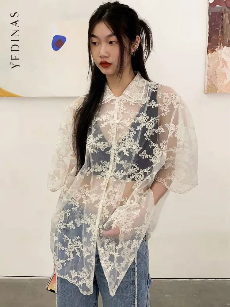 Yedinas Puff Sleeve Lace T-shirt Women Summer 2022 See Through Short Double Collar Design Oversize Embroidery Tees Tops | Женская одежда