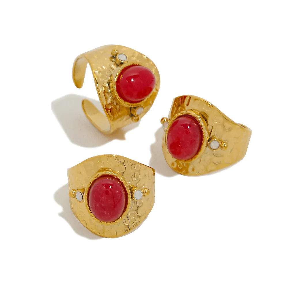 

European Natural Stone TitaniumSteel Rings for Women Luxury Fashion Ruby Open Rings Colorfast 18K Gold Not Easy to Fade