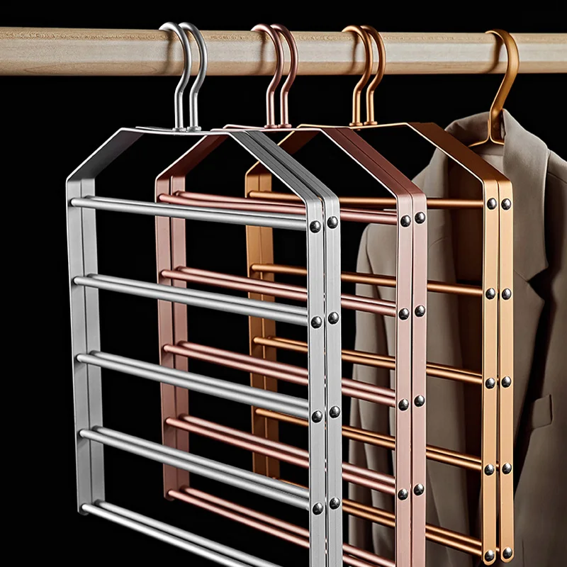1pc 5 in 1 Gold Pant Hanger Multi-Layer Space Saving Storage Rack for Trouser Tie Slack Scarf Aluminum Alloy Closet Organizer storage rack desktop storage rack