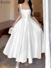 ZANZEA Women's Elegant White Satin Long Dresses Wedding Guest Cocktail Evening Party Dress Square Neck Sleeveless Woman Clothes