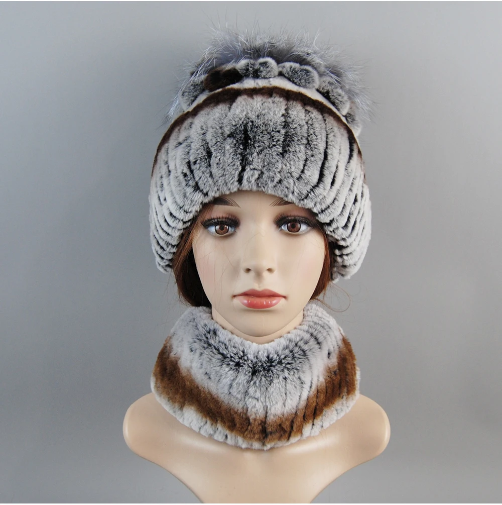 Real Rex Rabbit Fur Hat And Scarf Set Women Winter Knitted Beanie Hat Natural Fur Skullies Beanies Woman Hat Female Cap Elastic
