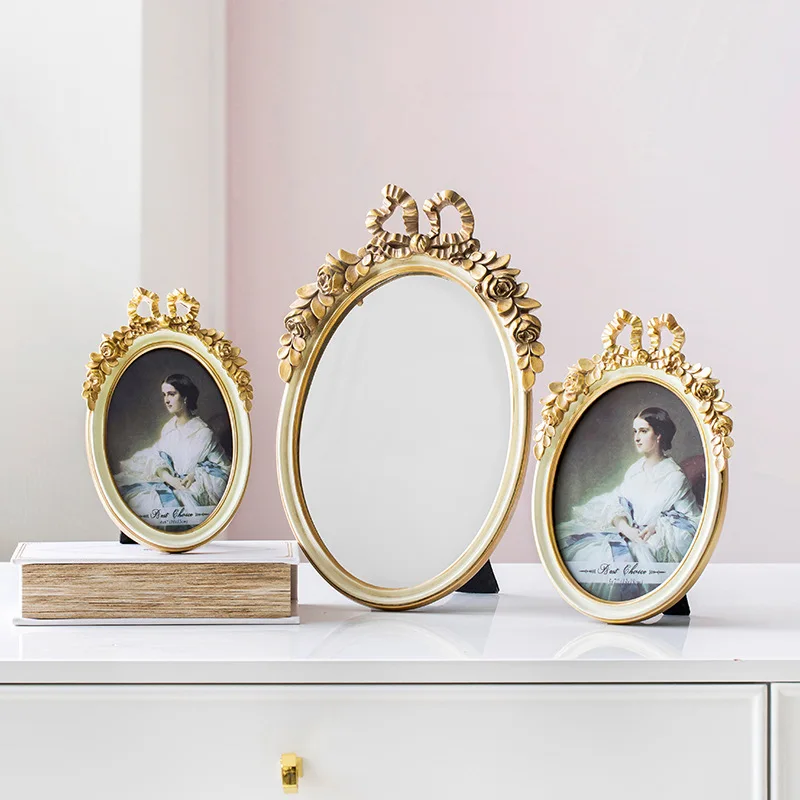 

Creative Resin Gold Retro Photo Frame Picture Frame Bow Mirror Tray Desktop Storage Photo Display Modern Home Decorations