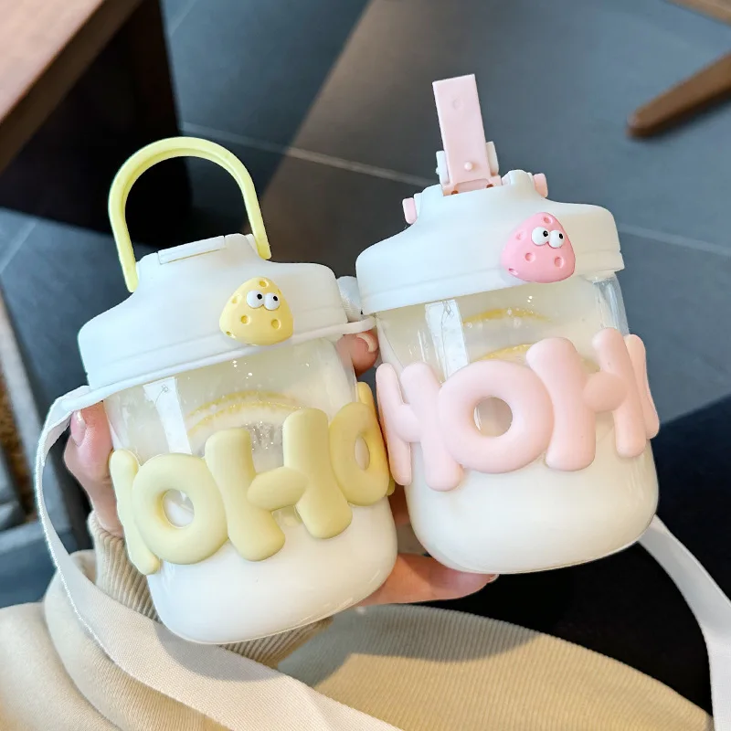 400ML Cute Girl Transparent Glass Heat Resistant Water Bottle With Pearl Bracelet Portable Double Drinking Coffee Mug Straw Cups