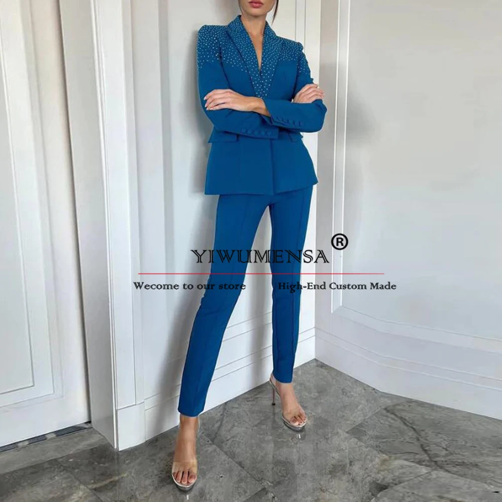 

Blue Pants Suits Women Flim Fit Crystals Beading Single Breasted Jacket Trousers 2 Pieces Mother Of Bride Dress Plus Size Gowns