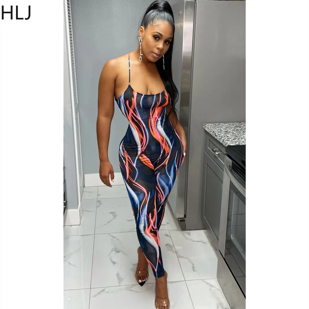 HLJ Sexy Meah Perspective Bodycon Jumpsuits Women Sleeveless Suspenders Slim Rompers Casual Printing Nightblub Clothing 2023 New