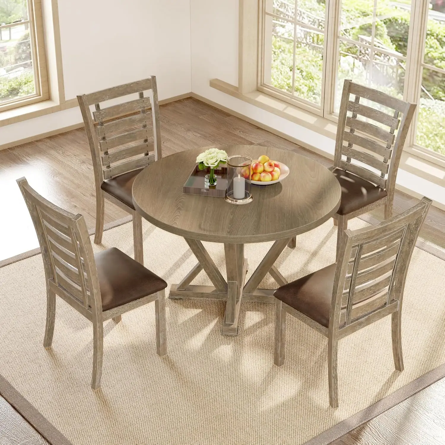 Description Picture 2 of itemDining Tables, 5 Piece Round Farmhouse Dinings Table Set, Rustic Solid Wood Kitchen Dinings Room Table, Dining Tables