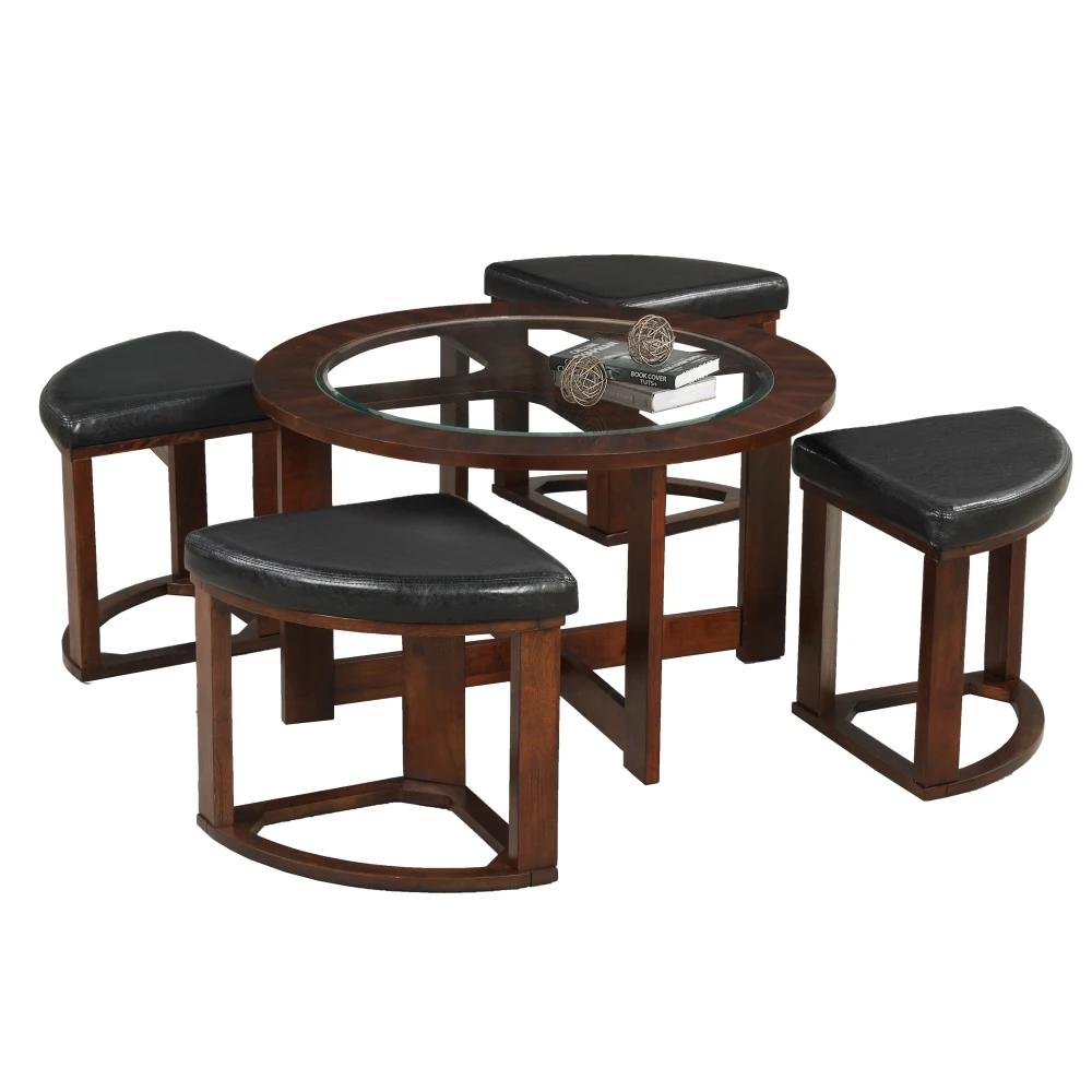 

Solid Wood Glass Top Coffee Table w/ Stools