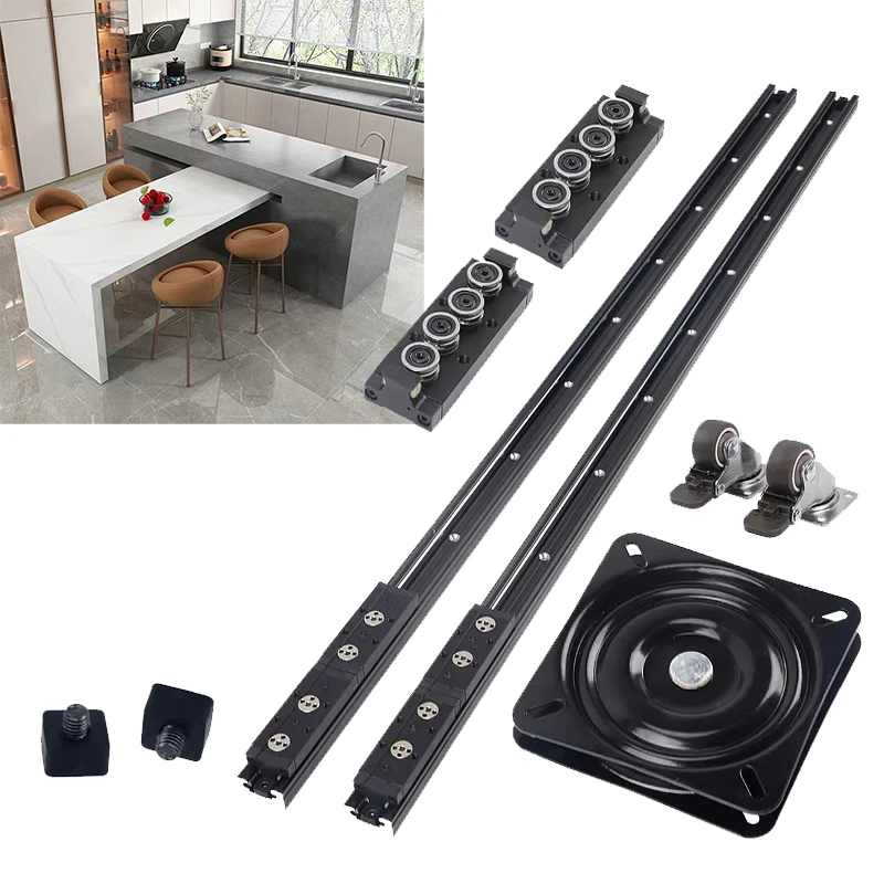 Wheels Rolling Furniture Parts Mobile Pull Out Rotary Platform Slide Rail Extendable With Folding Table Assembled Kitchen Island