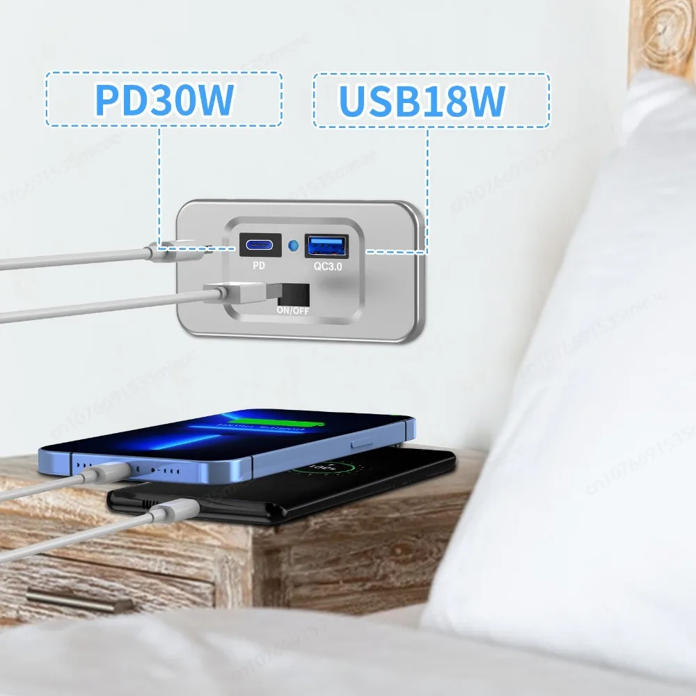 PD 타입-C & 퀵차지 QC3.0 USB-A 포트 패널 벽걸이 차량용 USB 소켓 충전기 RV 해양 보트 오토바이용 전원 어댑터