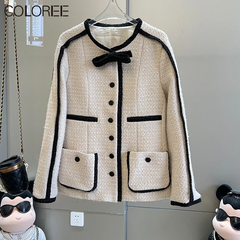 

Korean Fashion Elegant Bow Jacket for Women 2023 Autumn Winter Luxury Designer Clothes Vintage Patchwork Wool Coats Femme