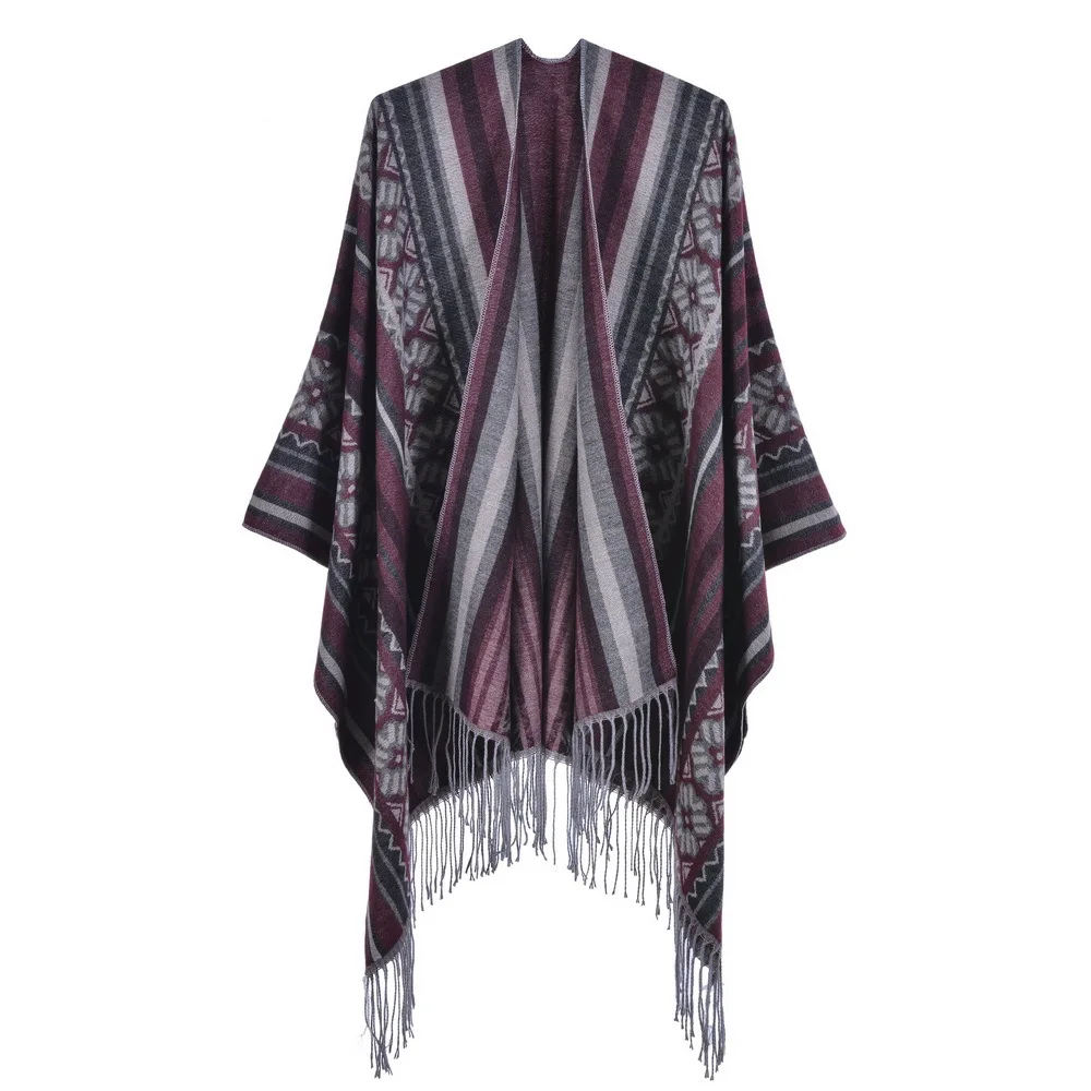 Autumn Winter Women's Jacquard Shawl European American Street Fashion Fork Thickened Cloak For Warmth Ponchos Capes P1 camel suede floral hollow out fringe tassel shawl women vintage capes ponchos autumn bohemian cardigan cloak boho capes