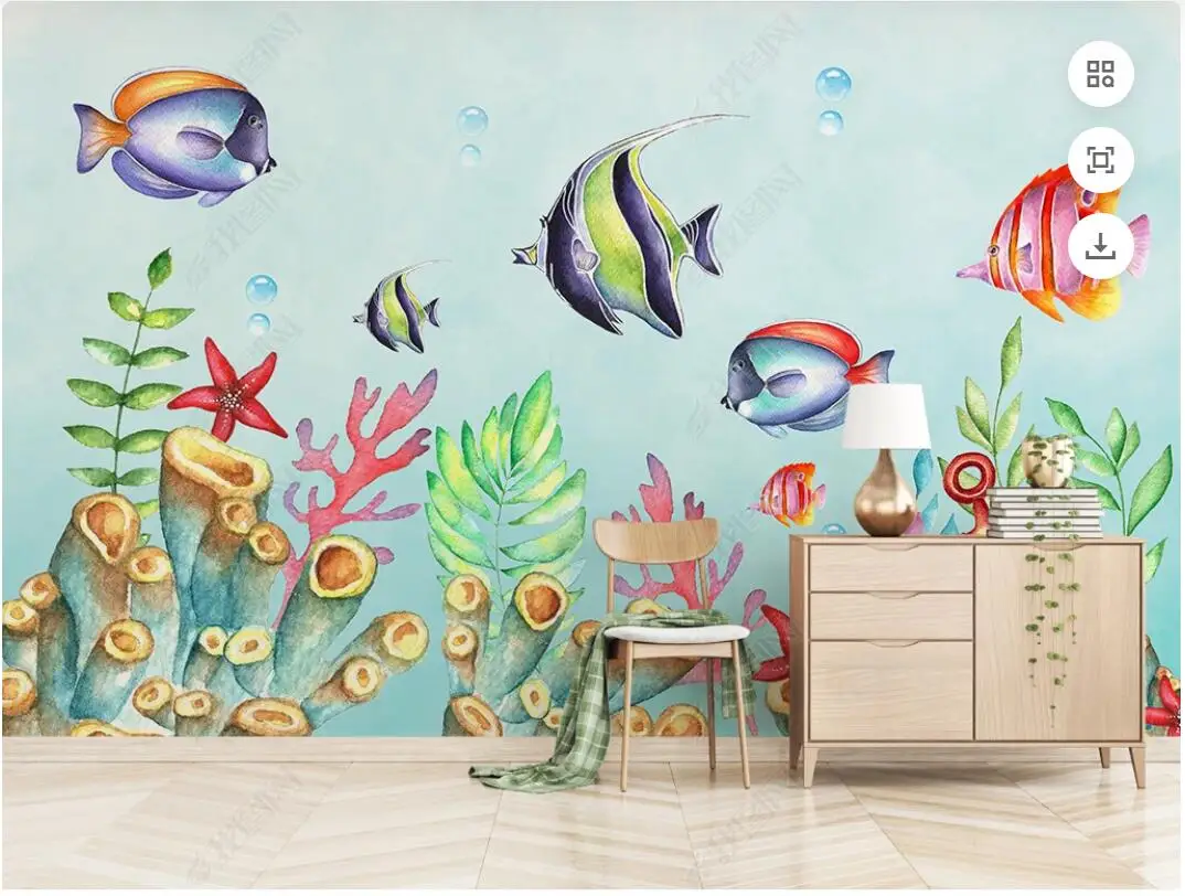 

wallpaper photo 3d custom mural Watercolor Underwater World Ocean small fish children's room home decor wallpaper for walls 3d