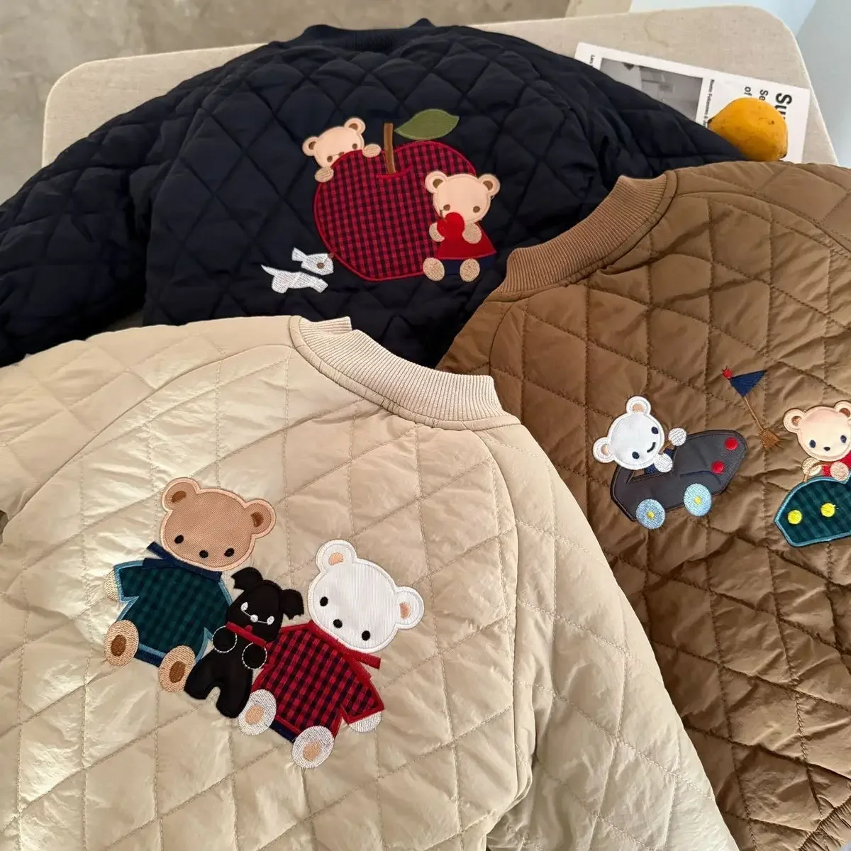 Autumn and Winter Korean Version Baby Boys Girls Cartoon Embroidered Baseball Clothes with Thick Coat Clip Cotton Warm Outfit