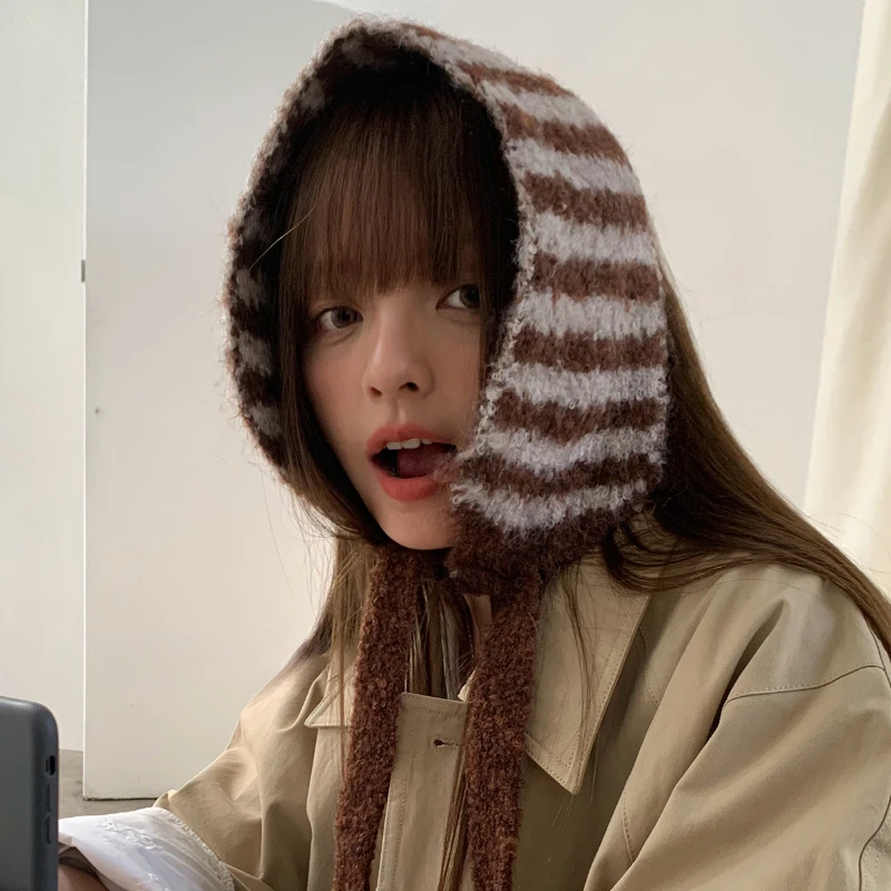 Ins Personality Contrasting Stripes Knitted Straps Earmuffs for Women Autumn and Winter Travel Versatile Warm Casual Hairdband