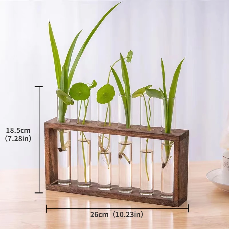 Simple Nordic Test Tube Glass Vase Decoration Creative Wooden Frame Hydroponic Plant Container Home Decoration