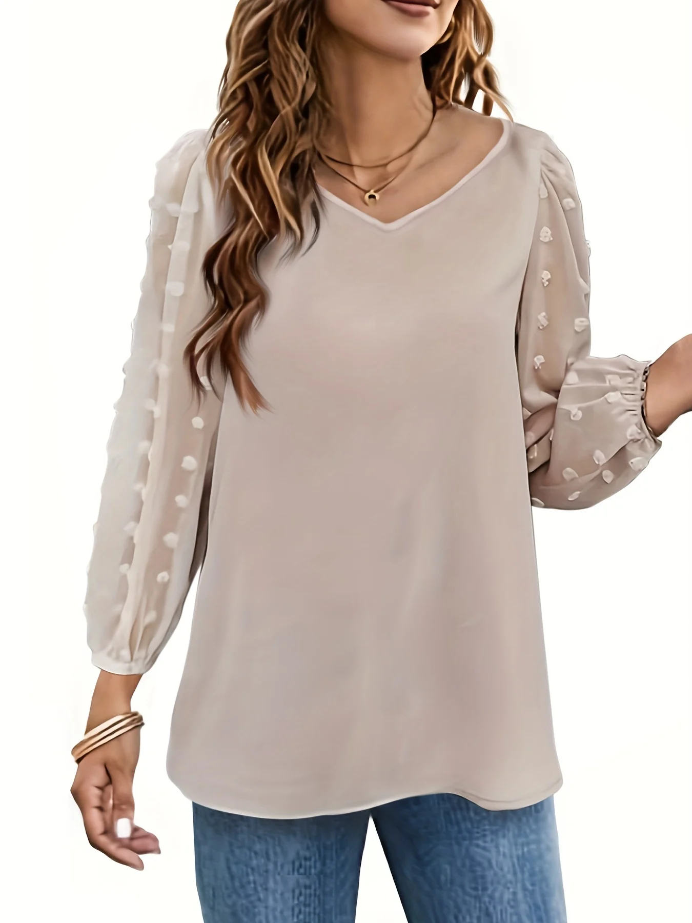 

Блузка в горошек с сетчатым рукавом, Повседневная Блузка с V-образным вырезом для весны и осени, женская одежда