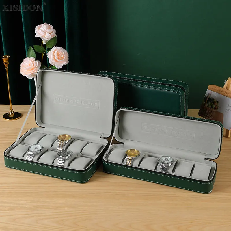 

Watch Traval Case Box Organizer 6/10/12 Slots PU Leather Portable Zipper Watch Case Multi-Functional Bracelet GREEN Display Box