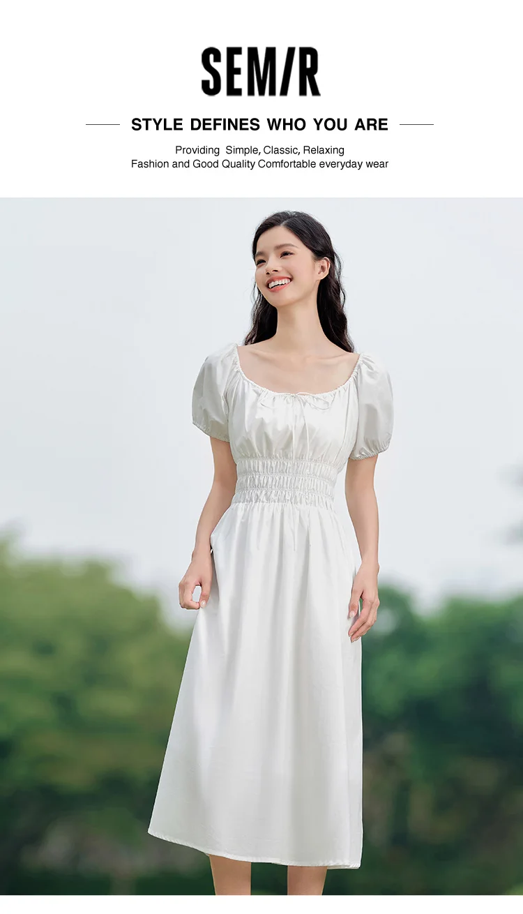 Dress Women Gentle And Elegant Summer New French-Style Square Collar Waist Cinched Mid-Length Fresh