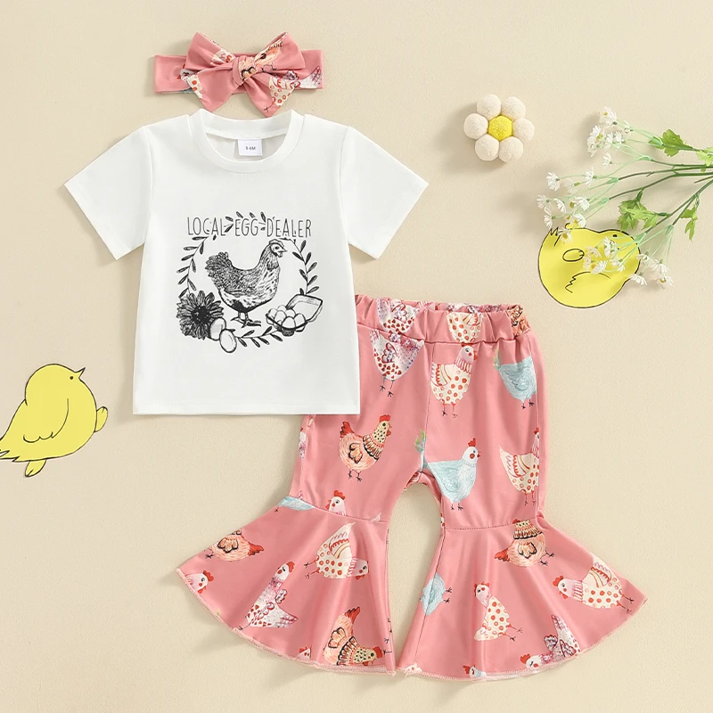 

Lioraitiin 0-3Y Summer Kids Girls Outfits Print Short Sleeve T-Shirt and Flare Pants Headbands Set Clothes